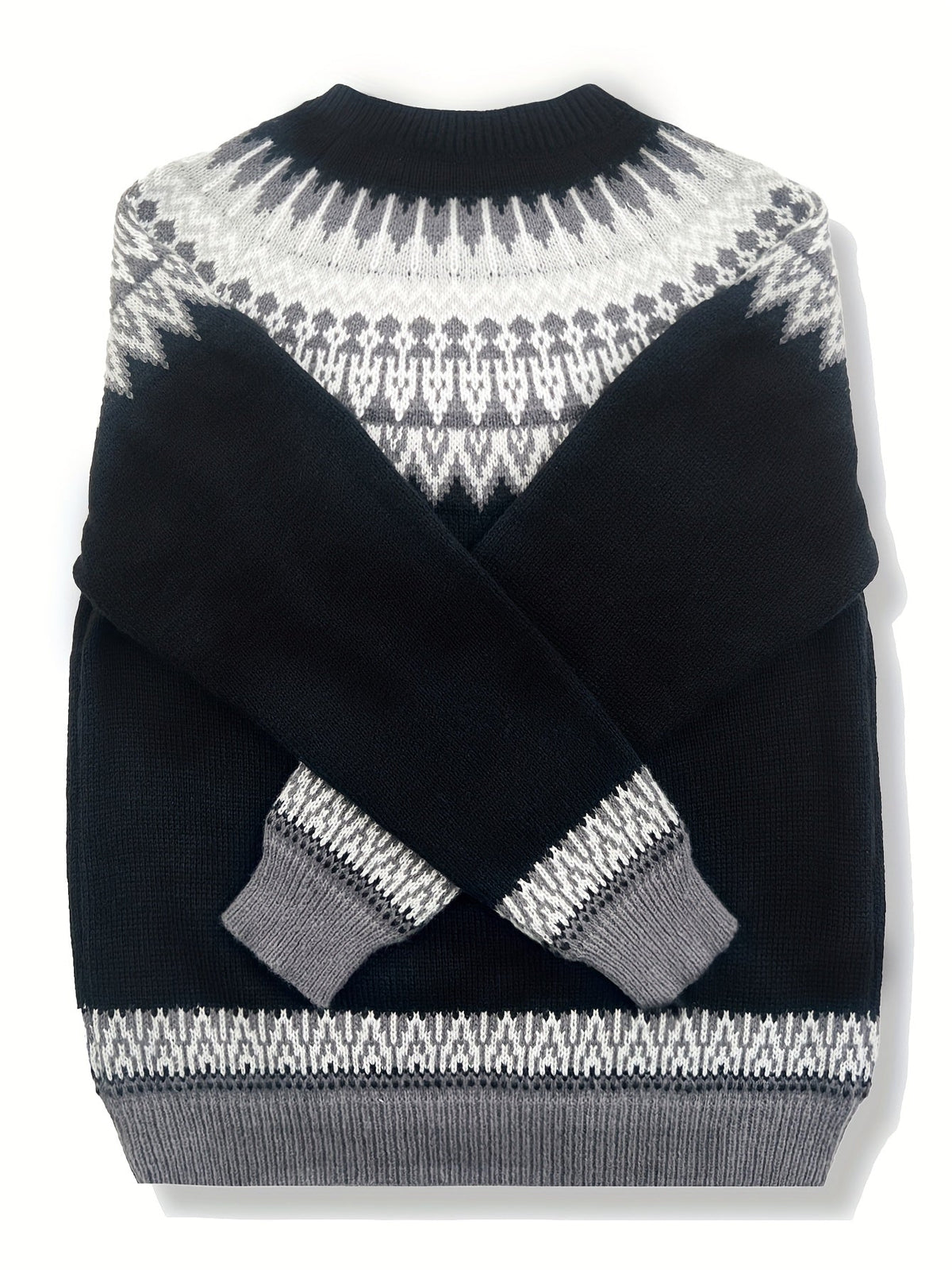 Chunky Jacquard Knit Sweater with Round Neck and Ribbed Cuffs, Hip Length