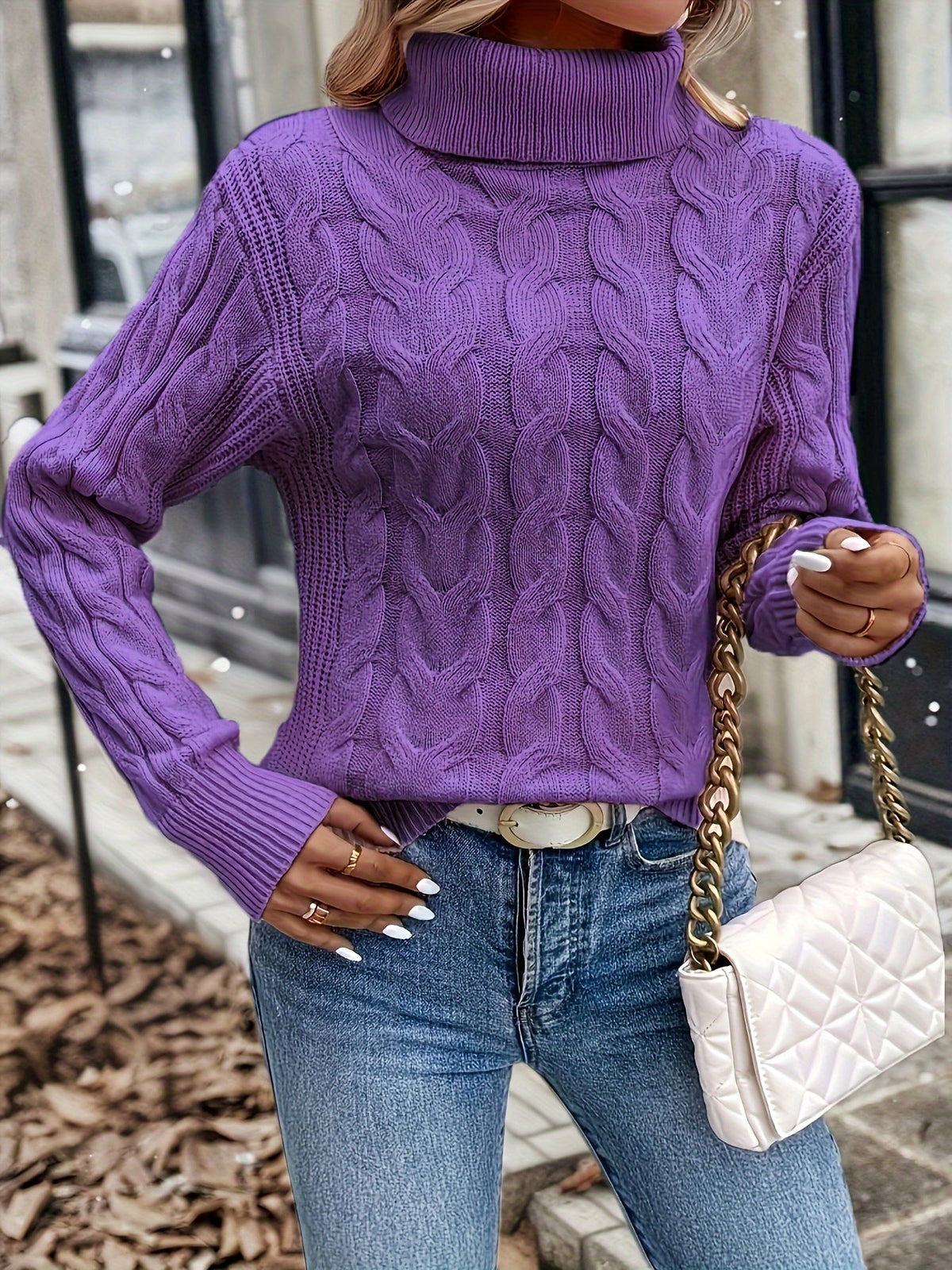 Cable Knit Turtleneck Sweater with Relaxed Fit and High Roll Neck