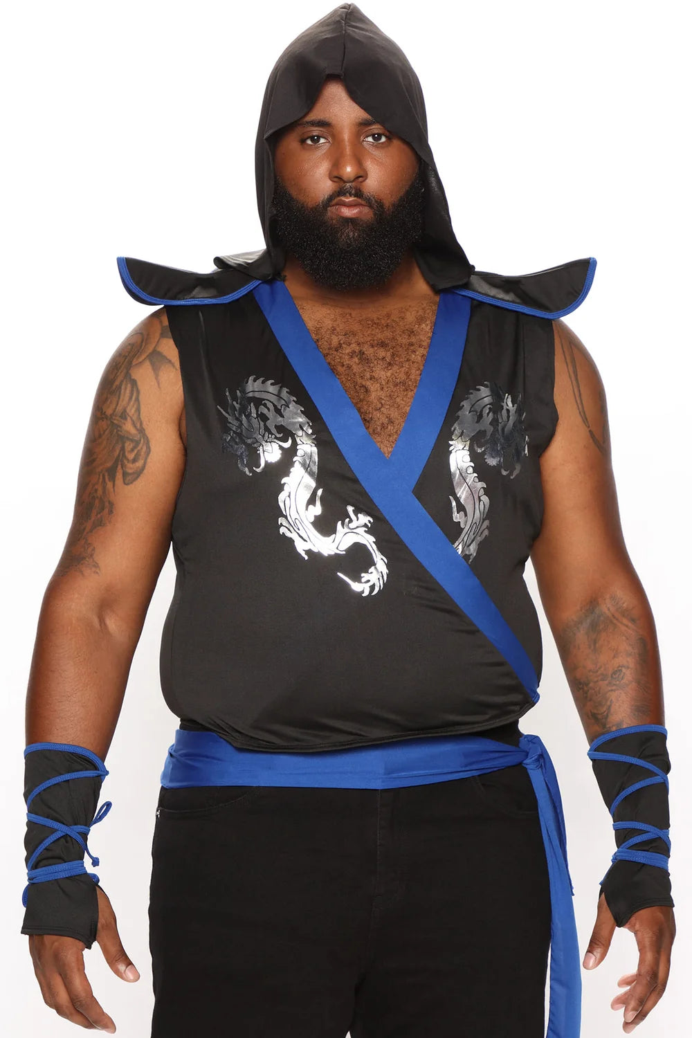 Mens Martial Arts Ninja Warrior Costume with Printed Dragon Tunic and Mask