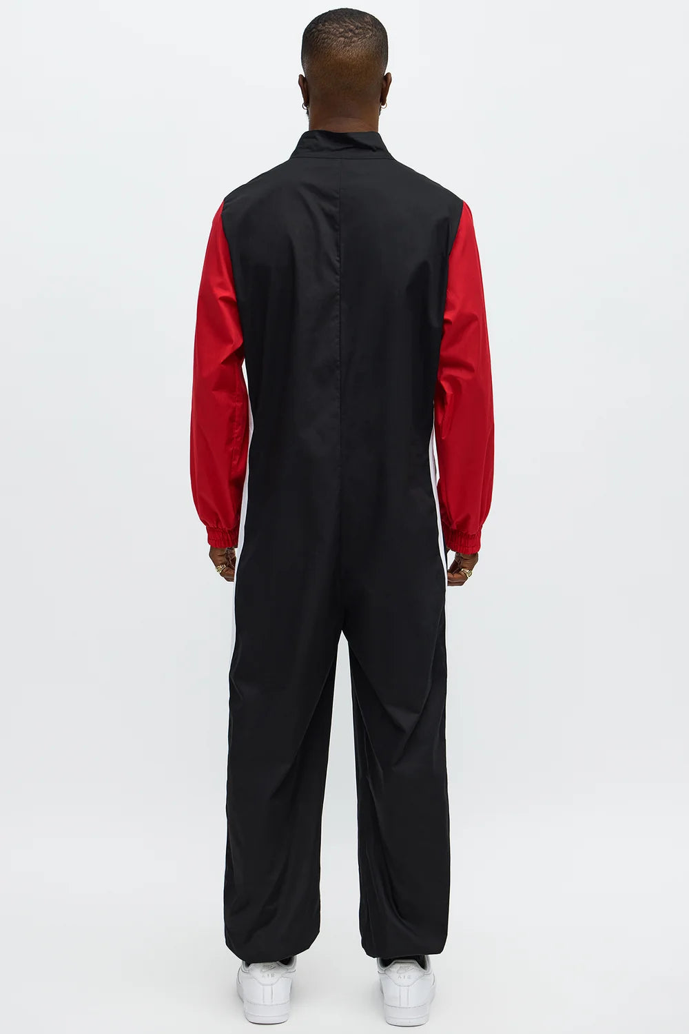 Mens Black Racing Jumpsuit with Checkerboard Collar and Sponsor Patches
