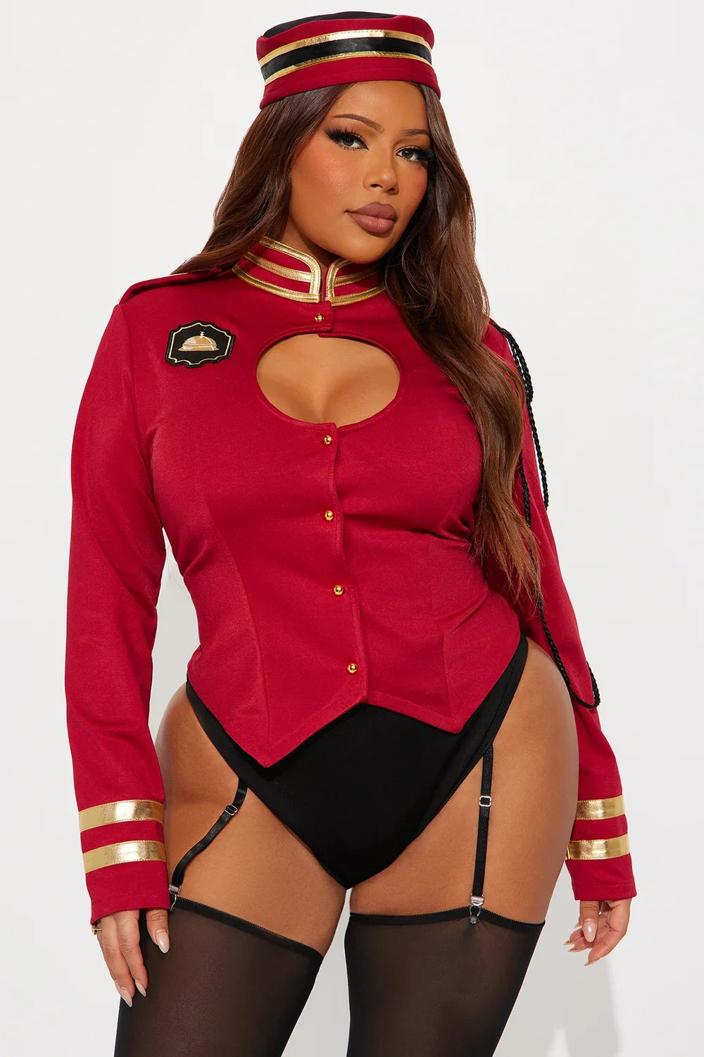 Burgundy Bellhop Costume Set with Jacket, Hat and Leggings, Five Pieces