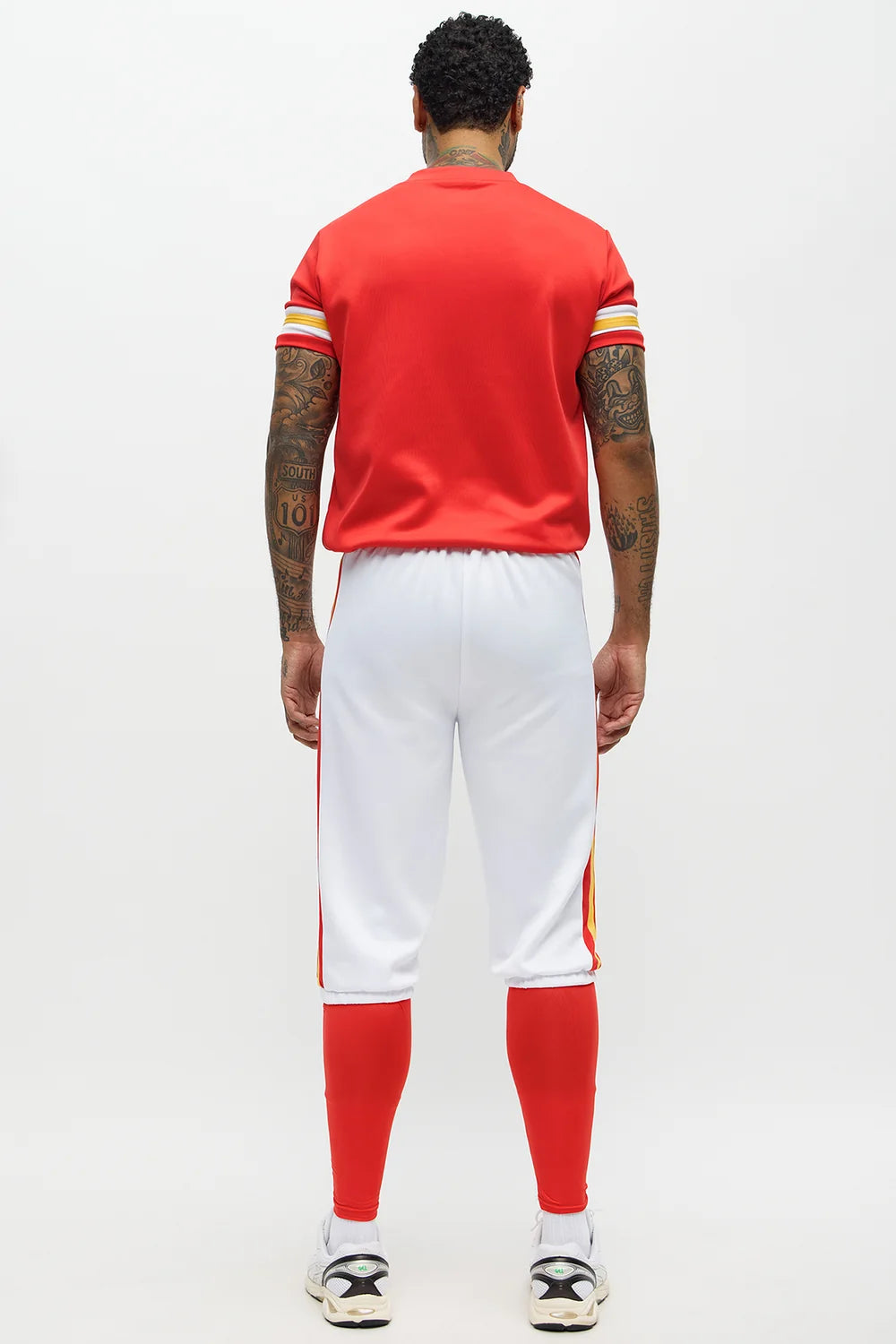 Men Red Football Player Costume with Cropped Jersey and Shorts