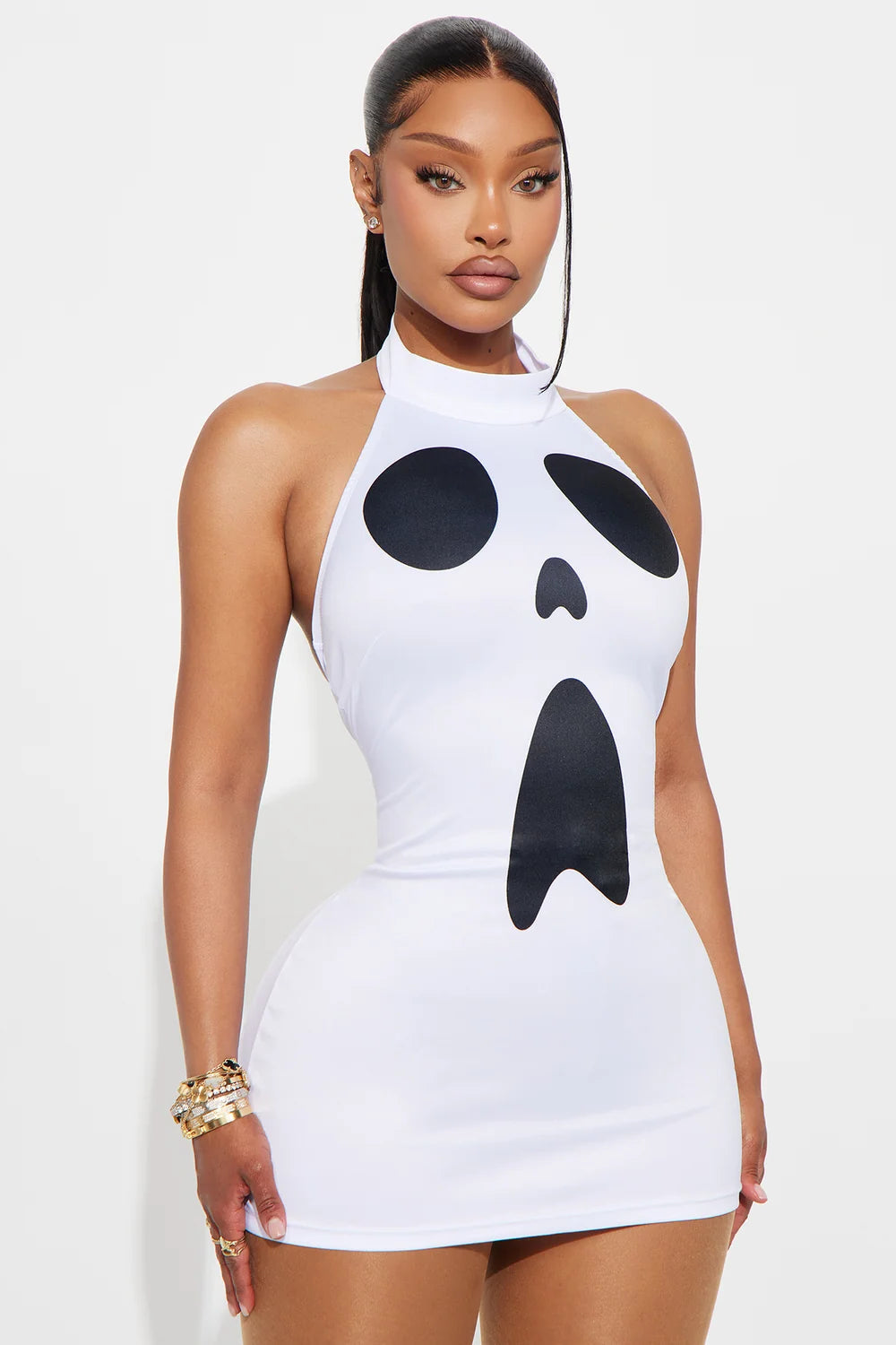 Ghost Print Bodycon Mini Dress for Halloween Party Costumes