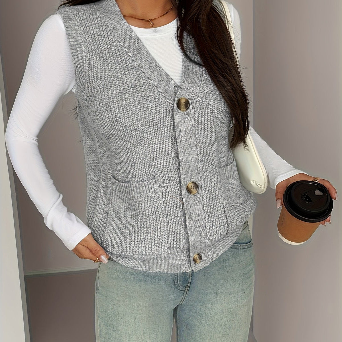 Buttoned V-Neck Knit Vest with Front Pockets and Relaxed Fit