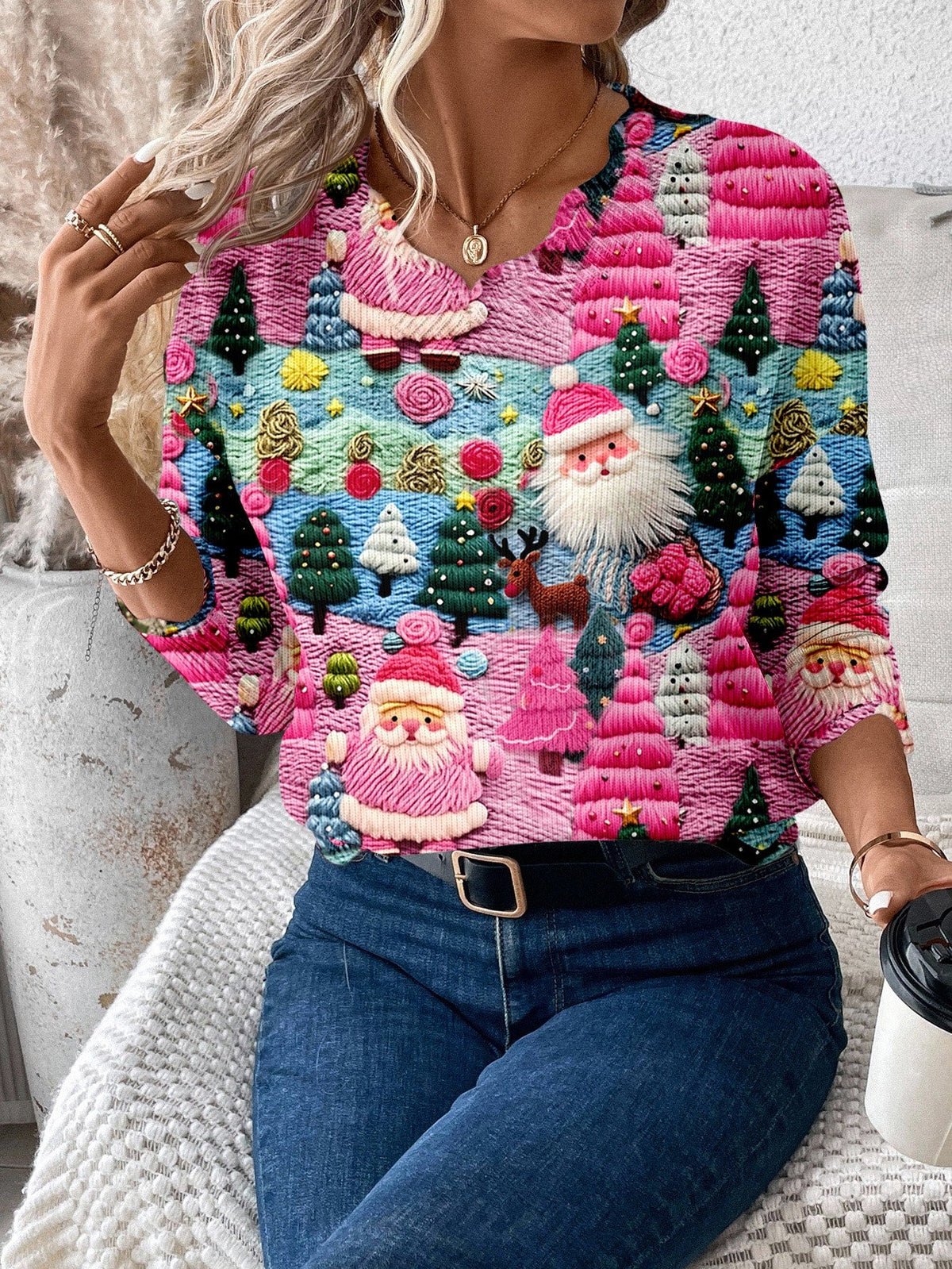 Womens Holiday Pullover Sweater with Scalloped Hem and Multicolor Pattern