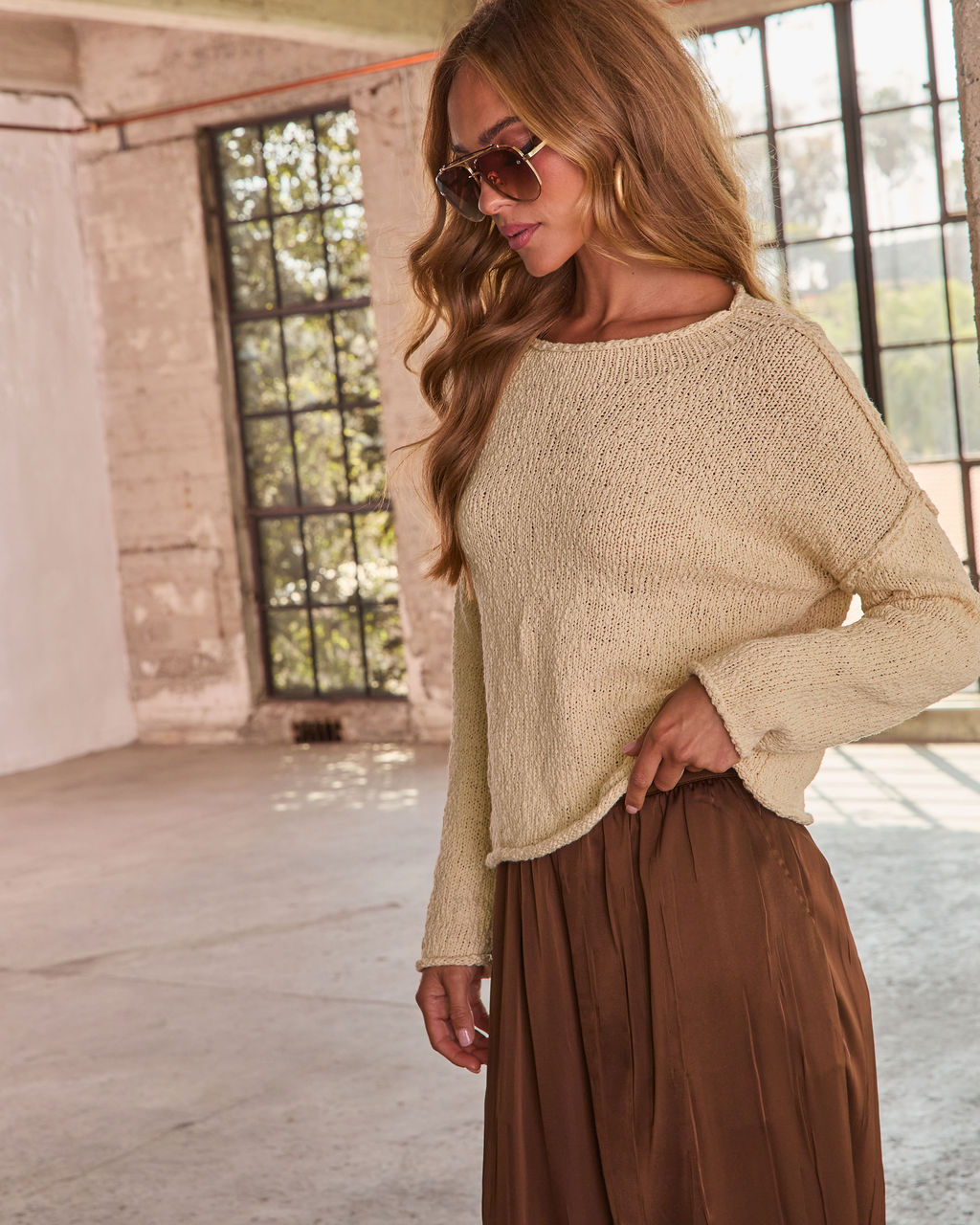 Open Knit Cotton Sweater with Rolled Trim and Stretch Fit