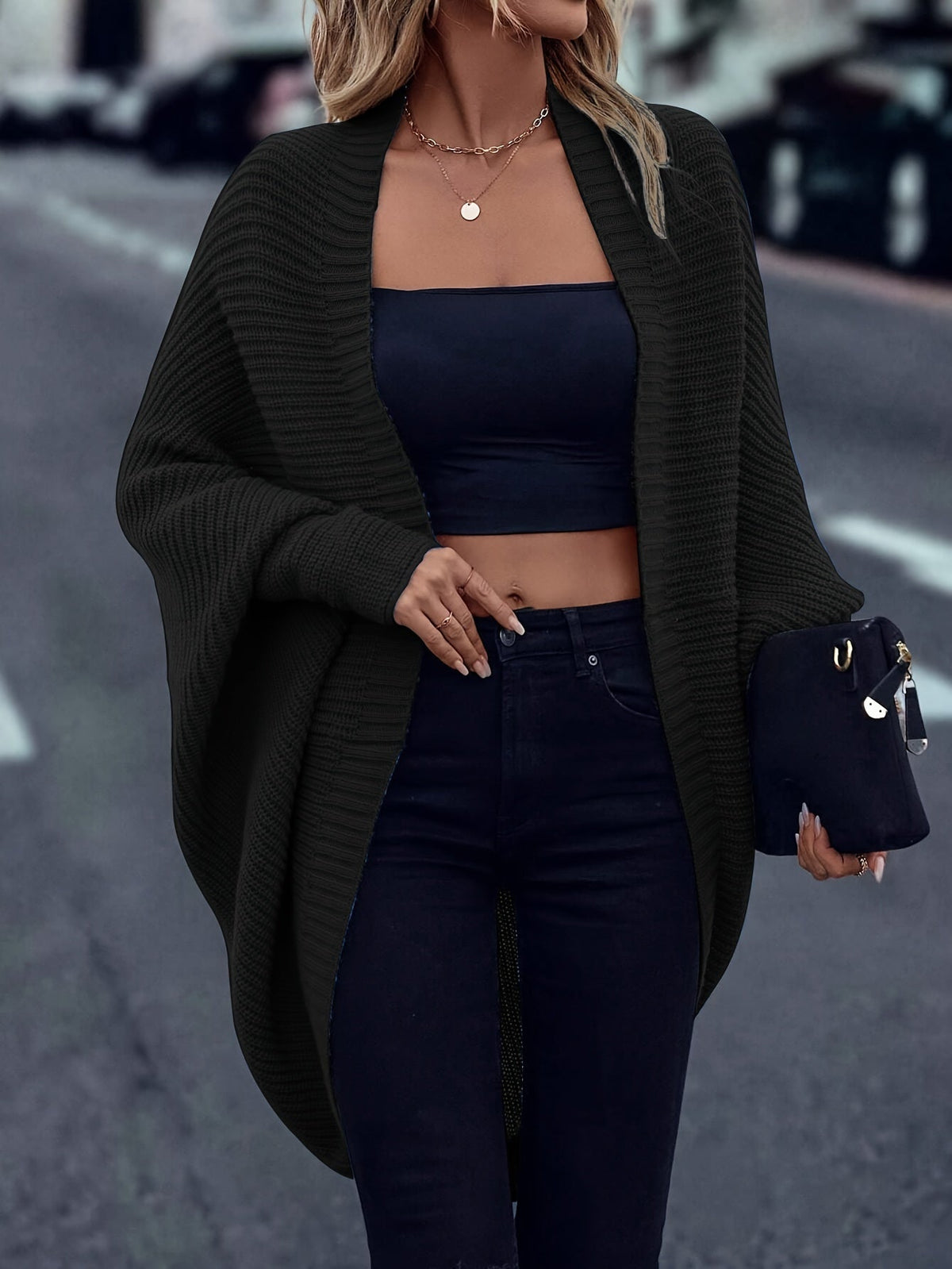 Longline Cardigan with Open Front and Relaxed Sleeves for Fall Winter Layering