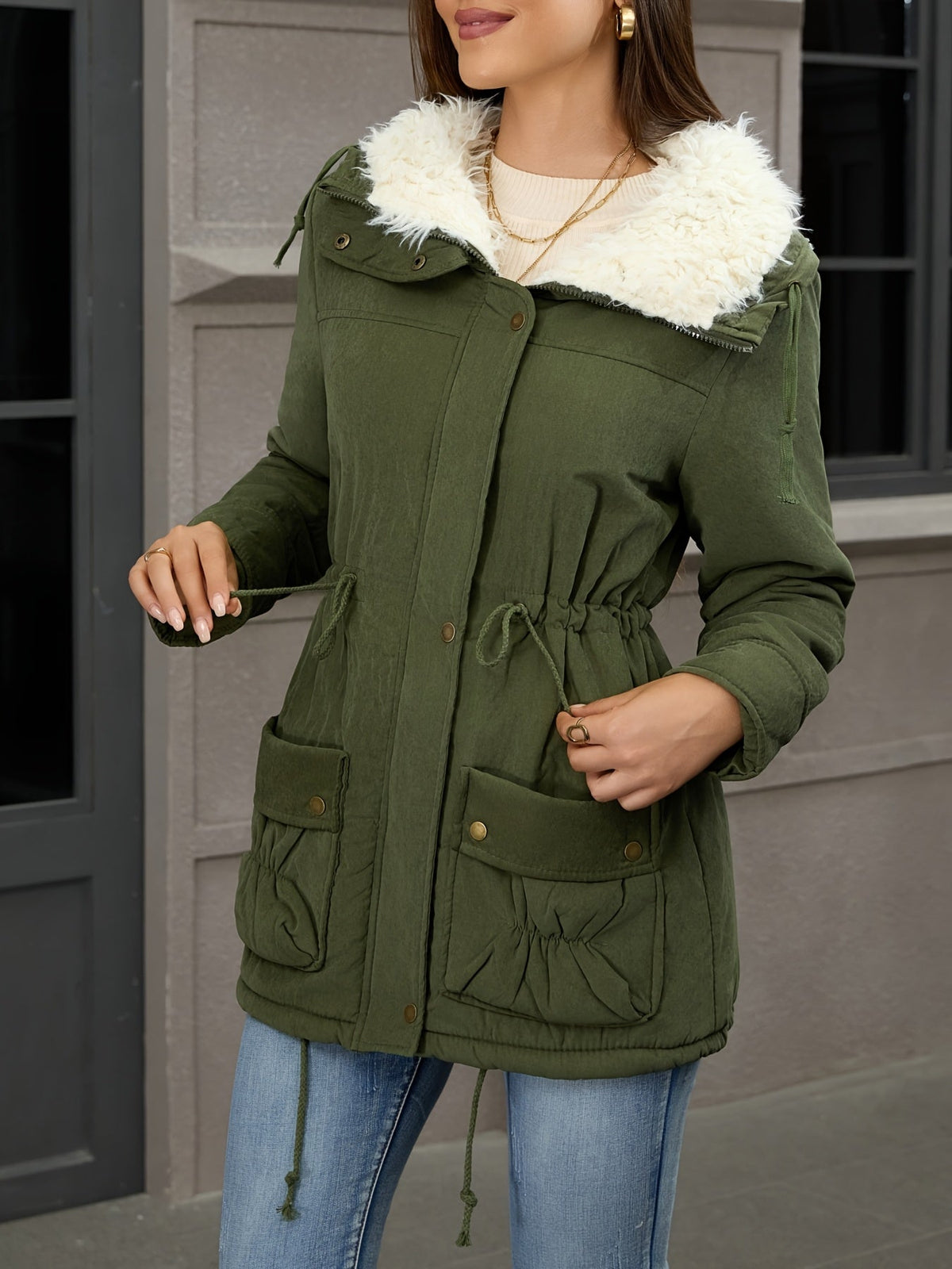Mid Length Parka with Plush Lining and Adjustable Drawstring, Snap Button Closure