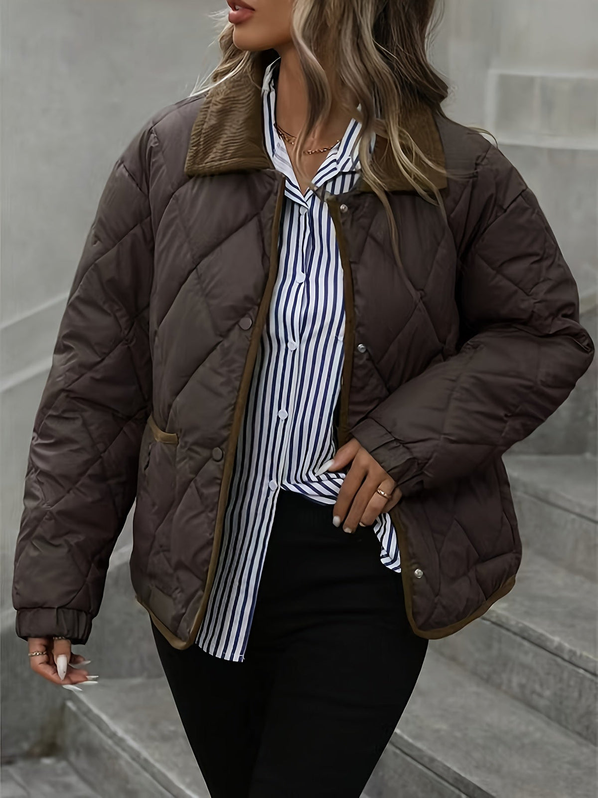 Diamond-Quilted Padded Jacket with Button Front and Relaxed Fit, Contrast Trim