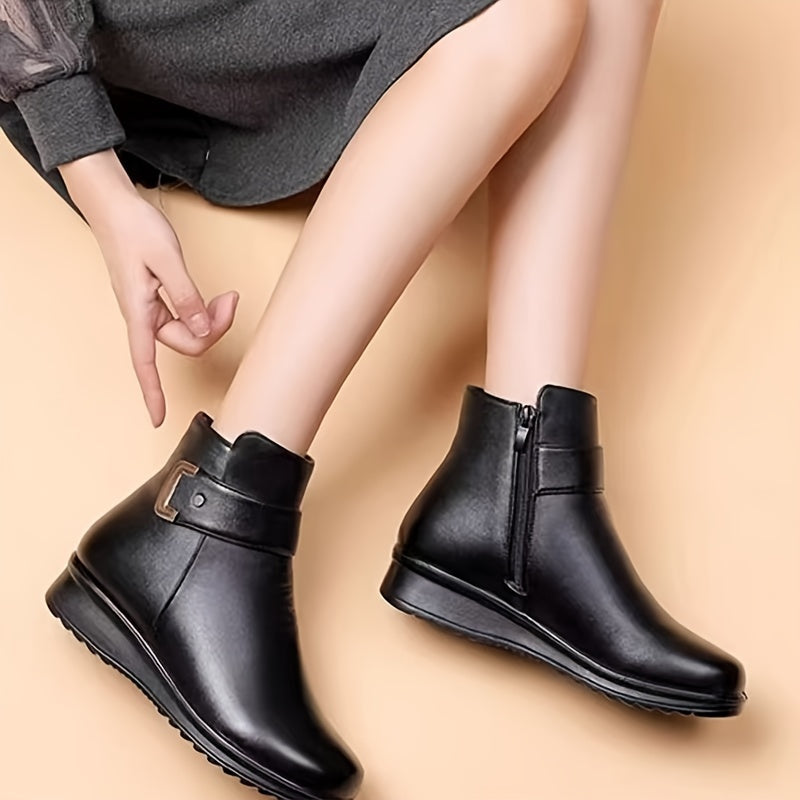 Lined Ankle Boots with Side Closure and Buckle Accent