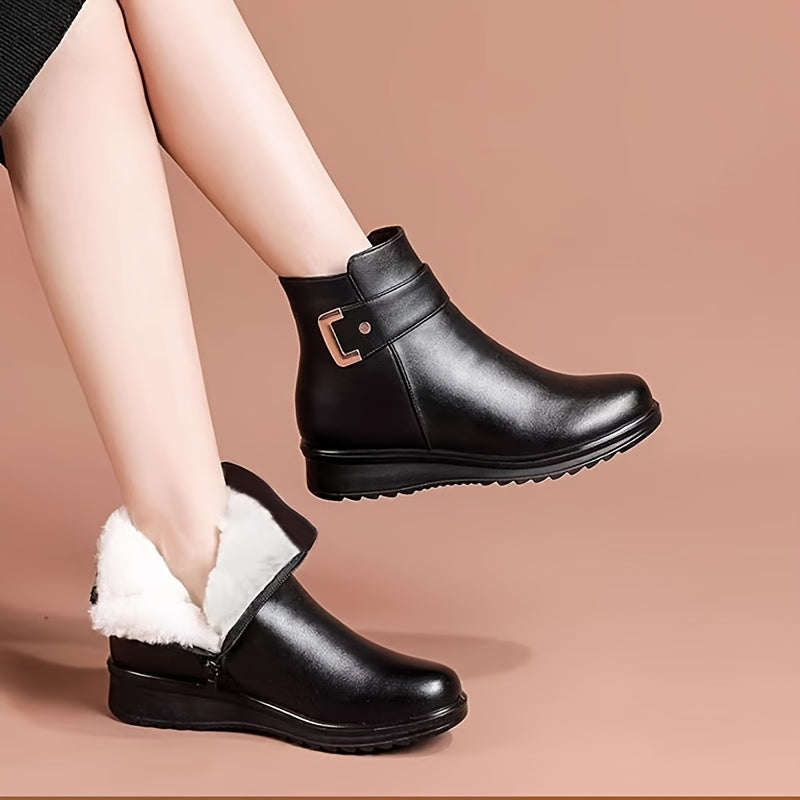 Lined Ankle Boots with Side Closure and Buckle Accent