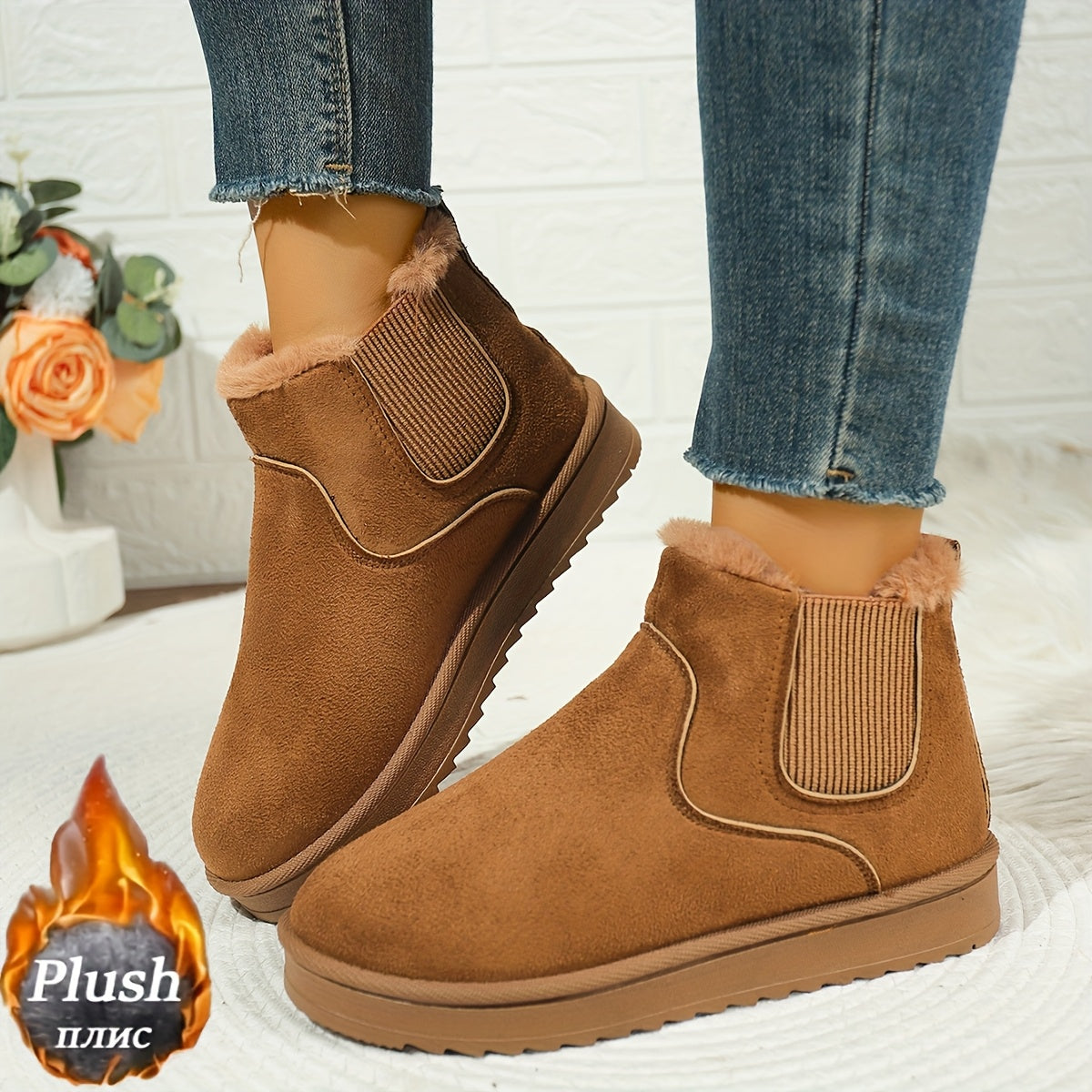 Platform Ankle Boots with Elastic Side Panels and Plush Lining, Textured Grip Sole