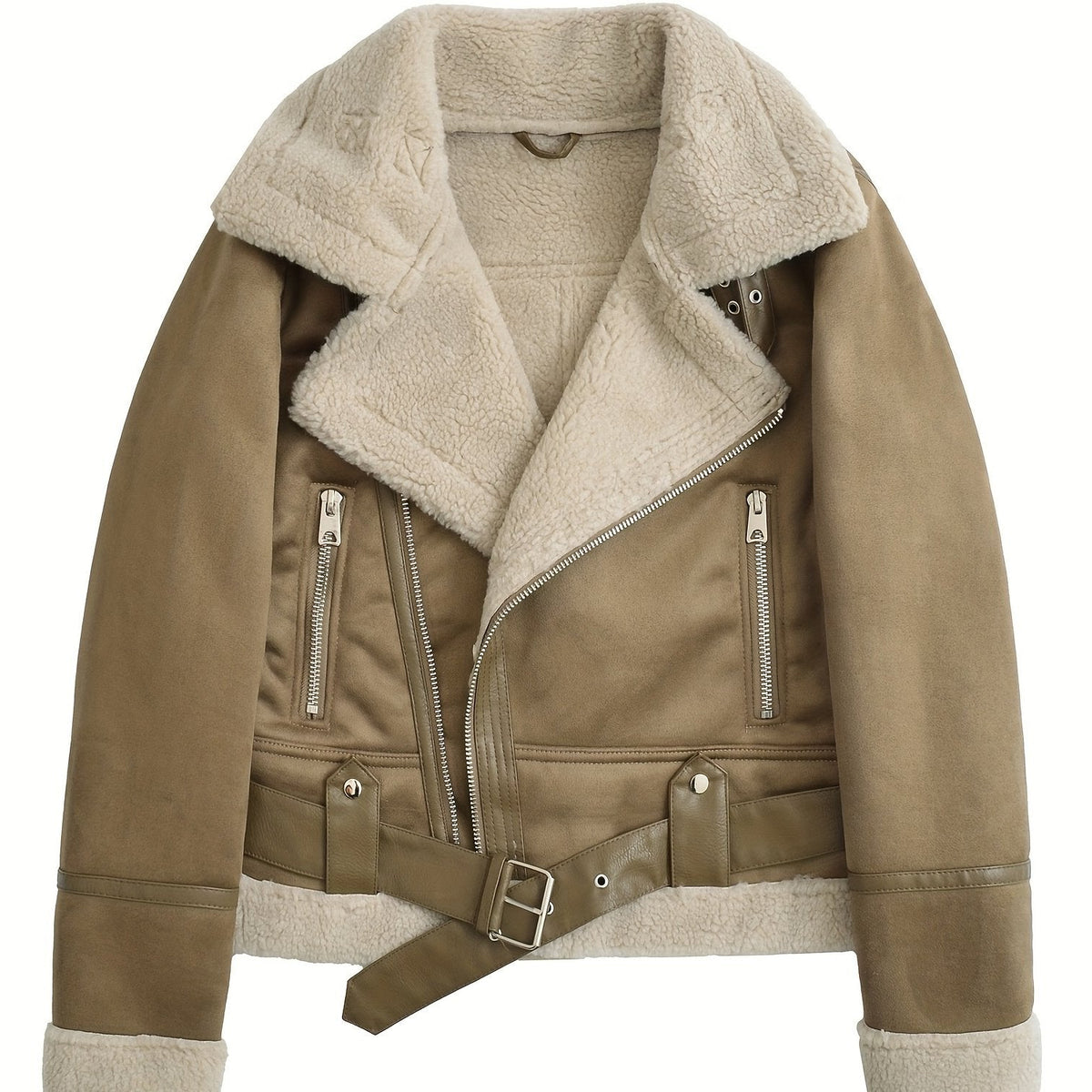 Aviator Jacket with Adjustable Waist Belt and Plush Lined Collar, Zippered Pockets