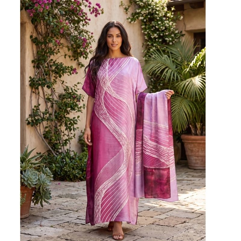 Moomoo Dresses for Women, Bohemian Printed Long Dress and Scarf Set Beach Vacation Matching Outfit