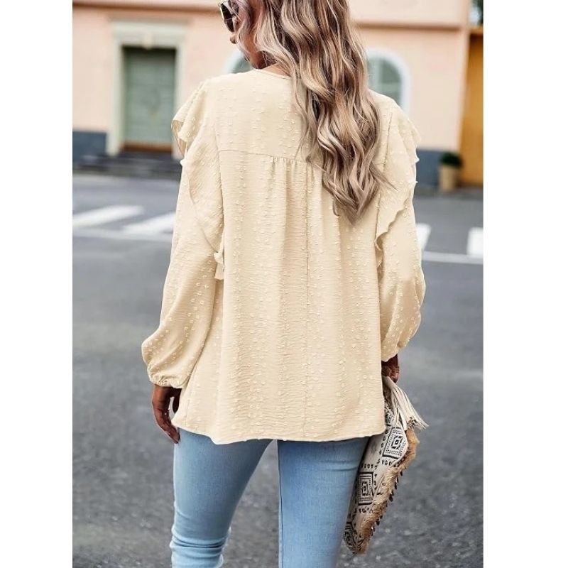 Womens Long Sleeve Shirts, Ruffle Swiss Dot Crochet Loose Fit Tunic, Dressy Casual Tops Blouse, Spring Fashion