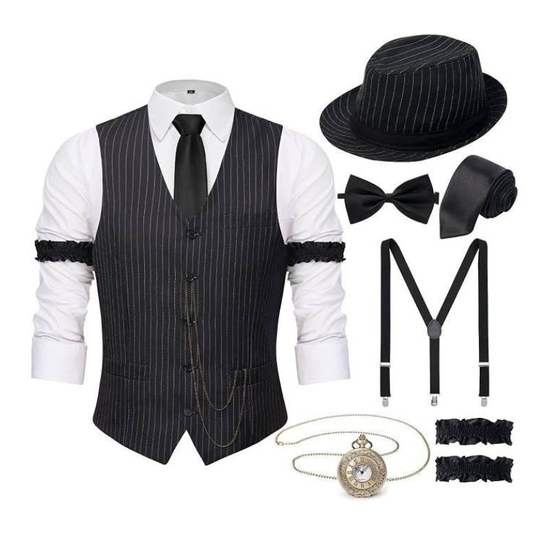 Mens 1920s Gatsby Costume, Roaring 20s Outfit, Vintage Vest and Hat Accessories