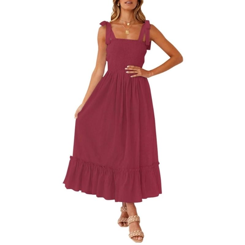 Womens Boho Maxi Dress, Square Neck Spaghetti Strap Ruffle a Line Beach Dress