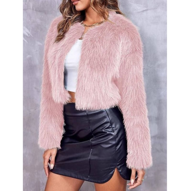 Womens Cropped Faux Fur Jacket, Fluffy Shaggy Long Sleeve Short Coat