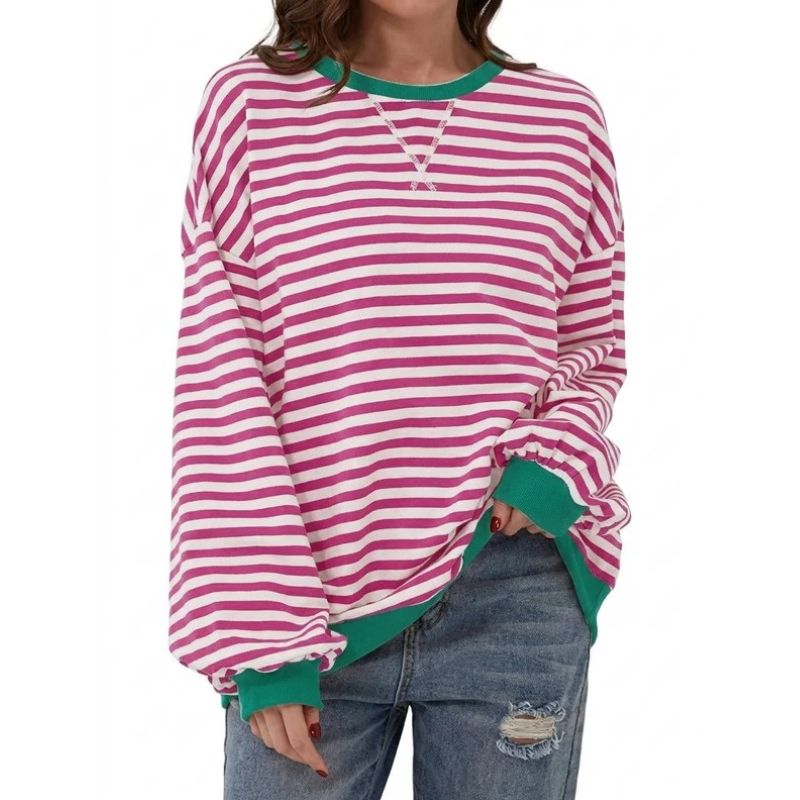 Womens Oversized Striped Crewneck Sweatshirt - Long Sleeve Pullover