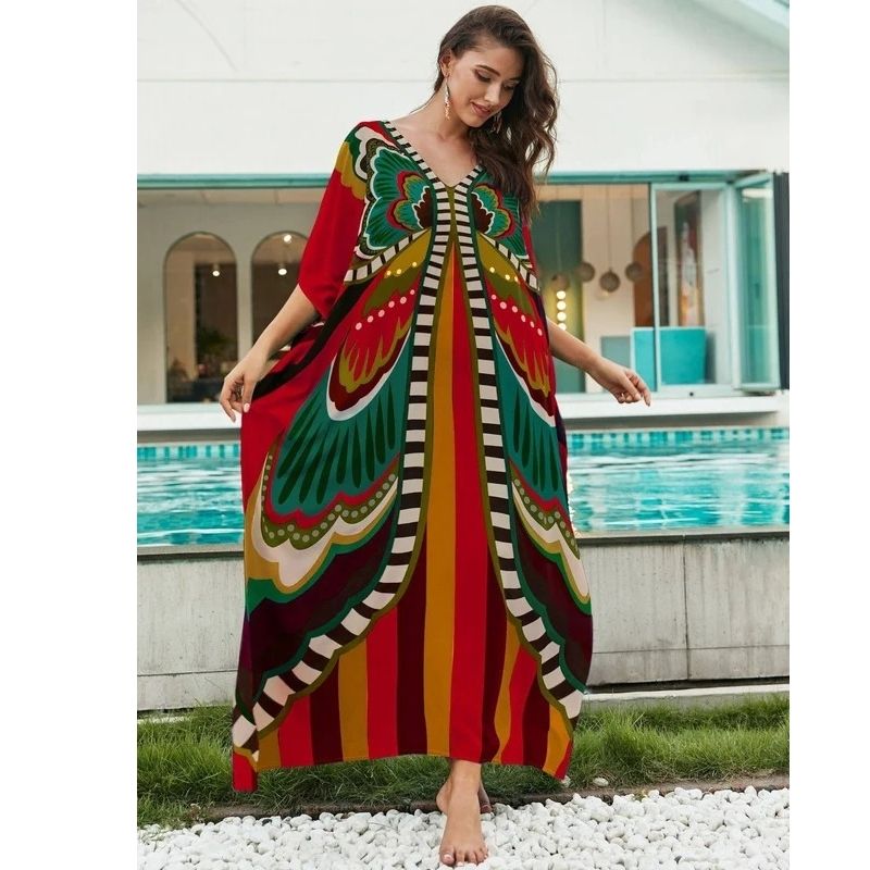Moomoo Dresses for Women, Plus Size Loose Fit Moroccan Print V Neck Batwing Kaftan Beach Dress