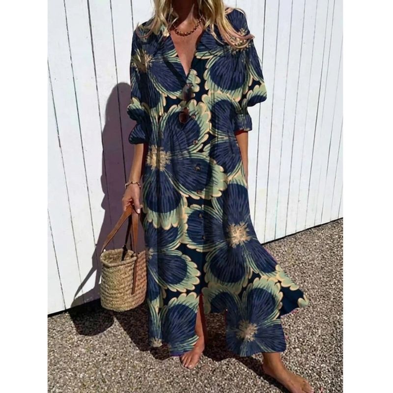 Womens Cotton Maxi Dress, Floral Casual Summer Beach Vacation Dress