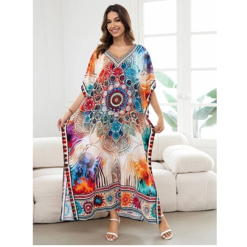 Moomoo Dresses for Women, Plus Size Loose Fit Moroccan Print V Neck Batwing Kaftan Beach Dress