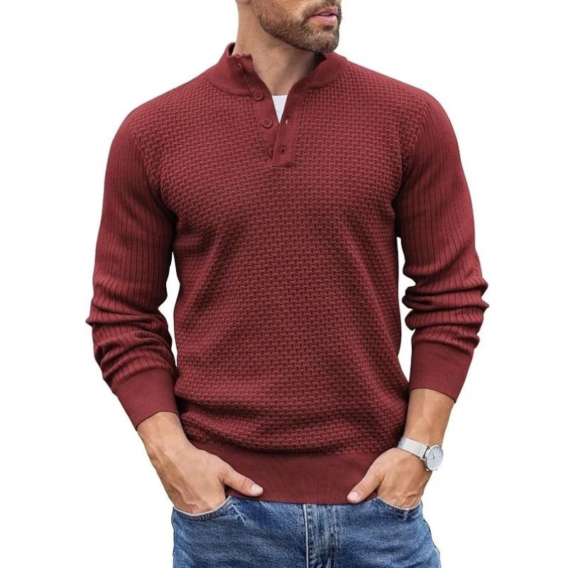 Mens Long Sleeve Henley Sweater, 4 Button Mock Neck Waffle Knit Pullover, Slim Fit Fall Winter Business Casual