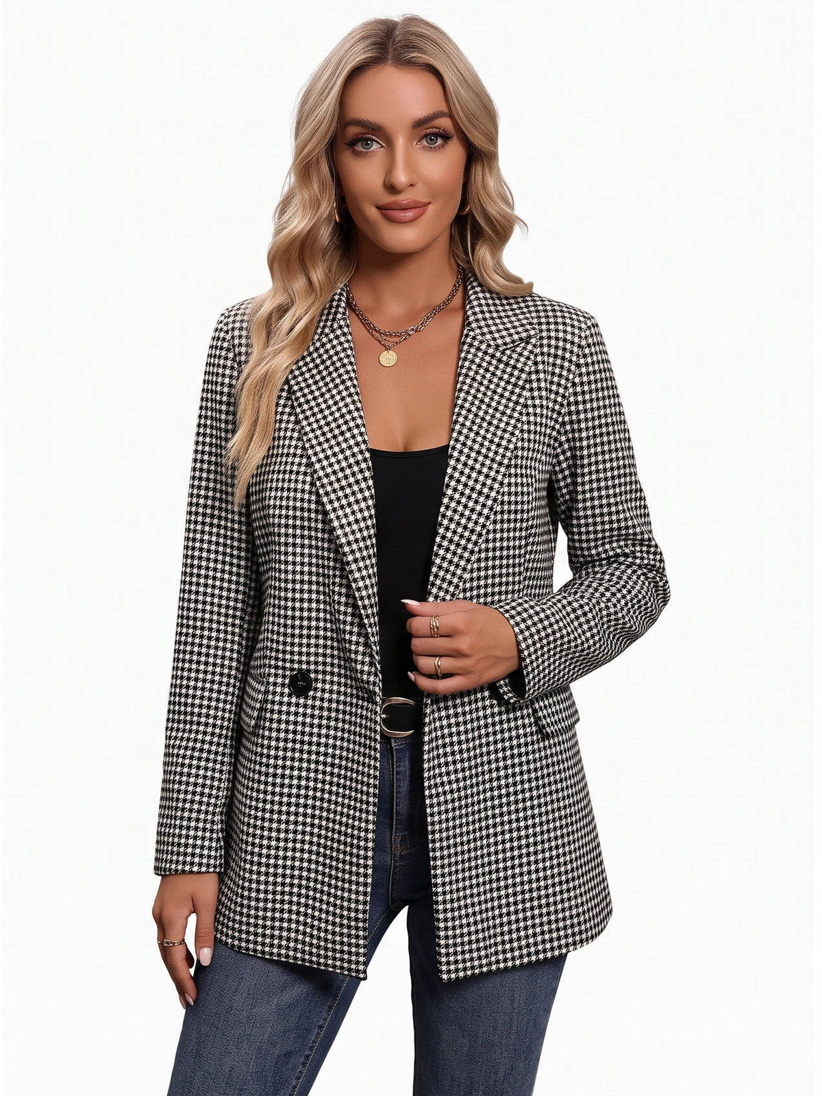 Womens Plaid Houndstooth Blazer, Business Casual Fall Jacket