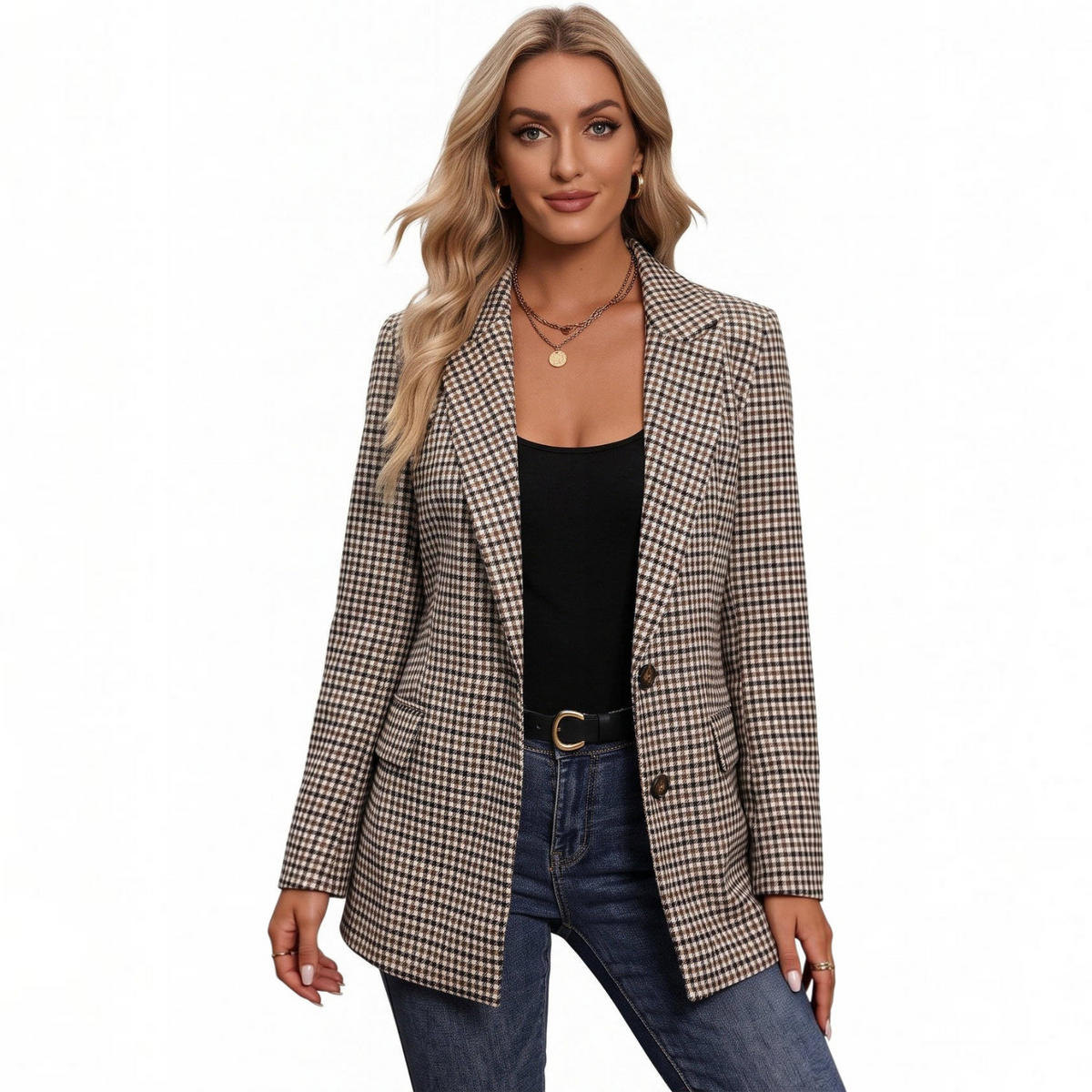 Womens Plaid Houndstooth Blazer, Business Casual Fall Jacket