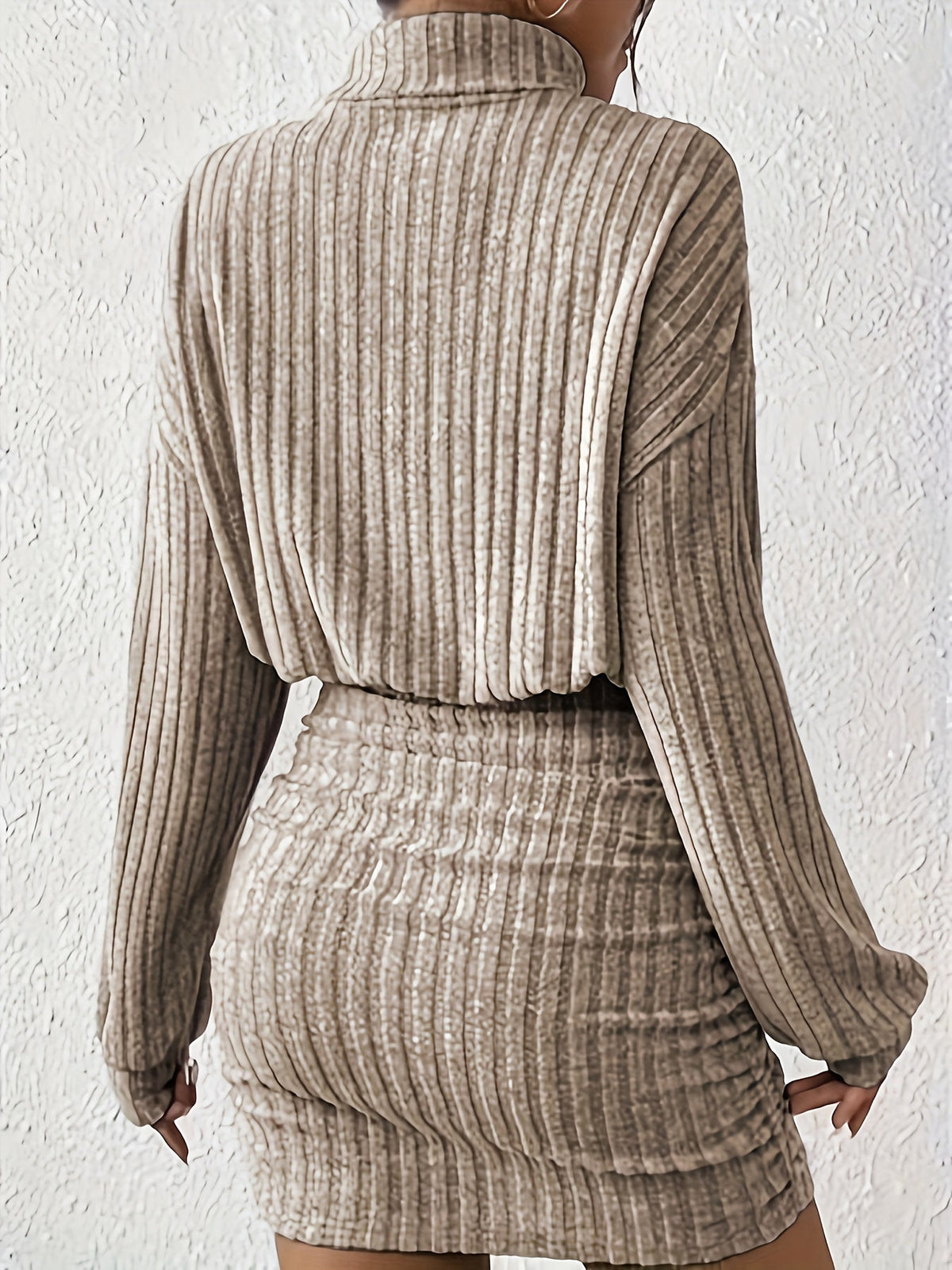 Ribbed Stretch Midi Dress with Ruched Waist and Full Length Sleeves