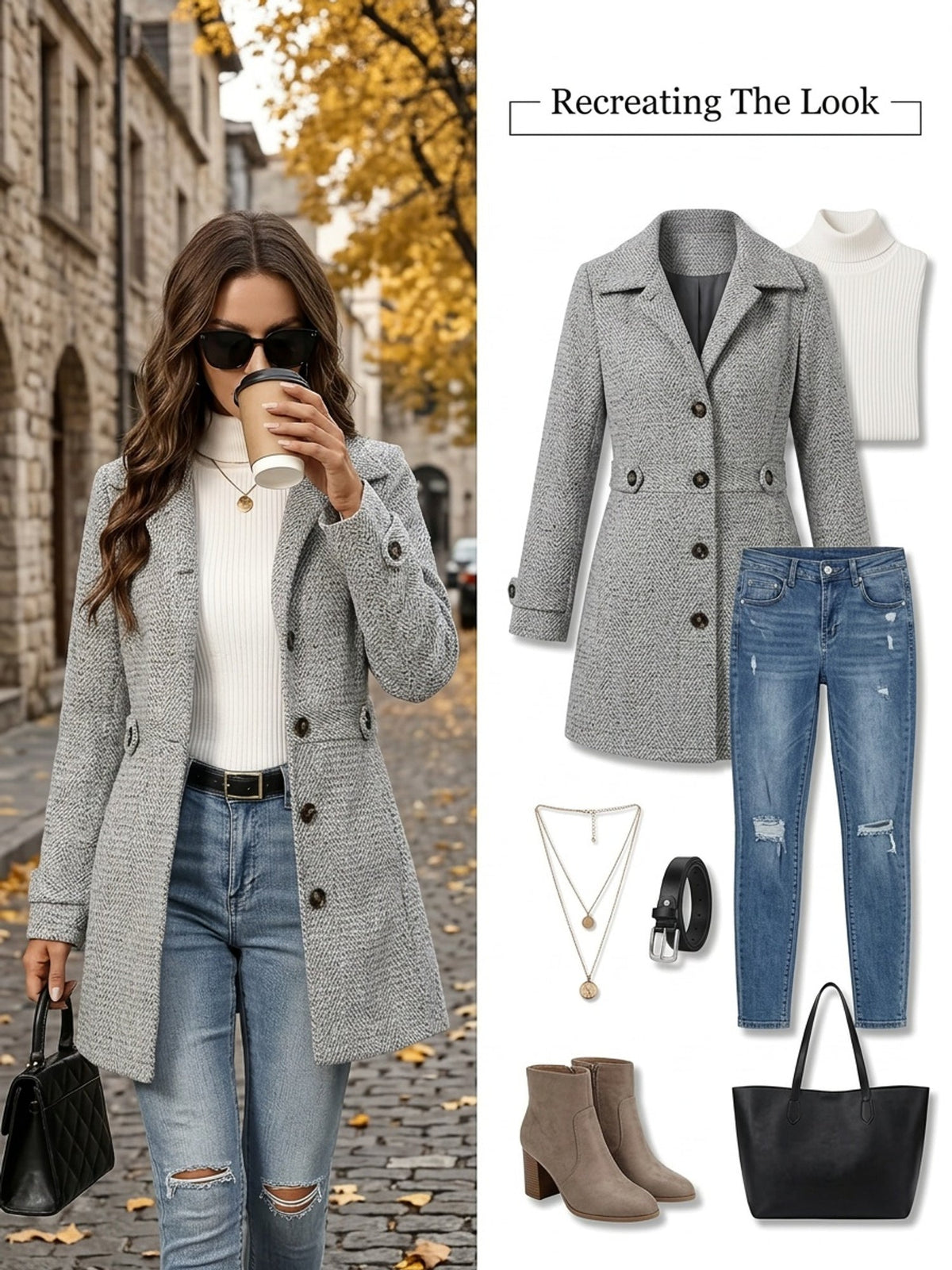 Women's Coat with Waist-Defining Buttons and Structured Collar, Mid Thigh Length