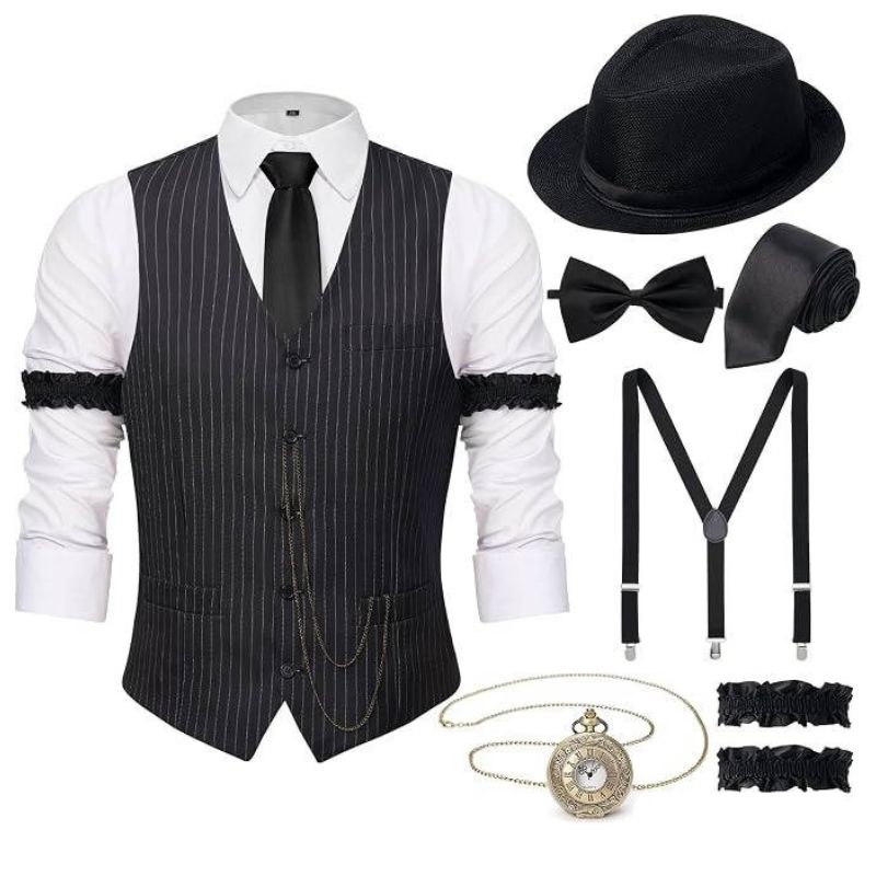 Mens 1920s Gatsby Costume, Roaring 20s Outfit, Vintage Vest and Hat Accessories