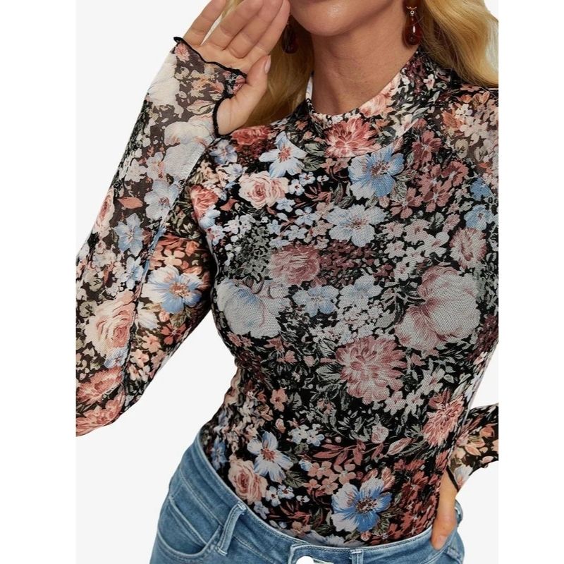 Womens Floral Lace Sheer Mesh Top - Slim Fit Lightweight Long Sleeve Top