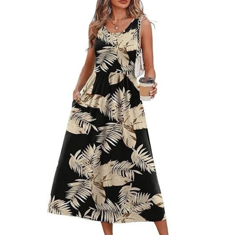Womens Flowy Midi Dress, Casual Beach Vacation Sundress with Pockets