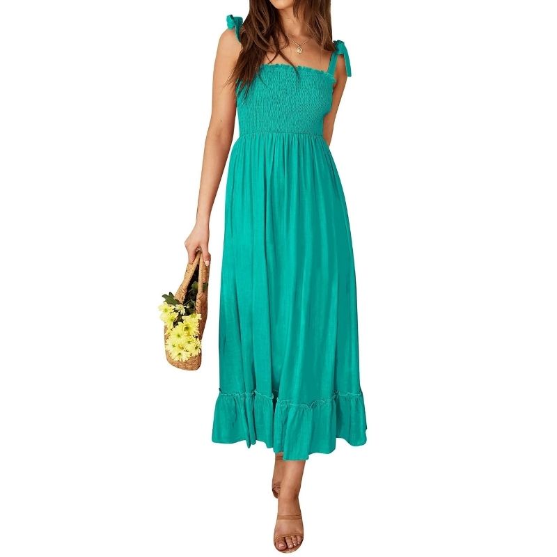 Womens Boho Maxi Dress, Square Neck Spaghetti Strap Ruffle a Line Beach Dress
