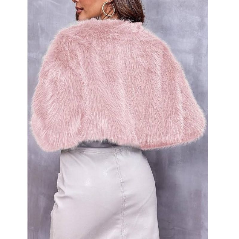 Womens Cropped Faux Fur Jacket, Fluffy Shaggy Long Sleeve Short Coat