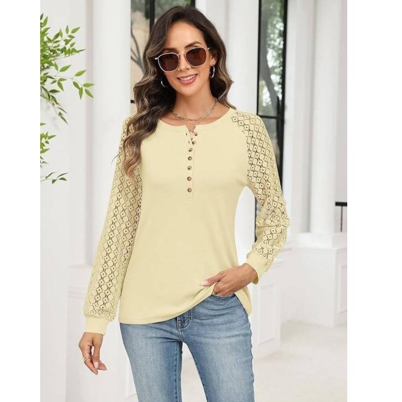 Womens Lace Long Sleeve Henley Top - Casual Fall Blouse