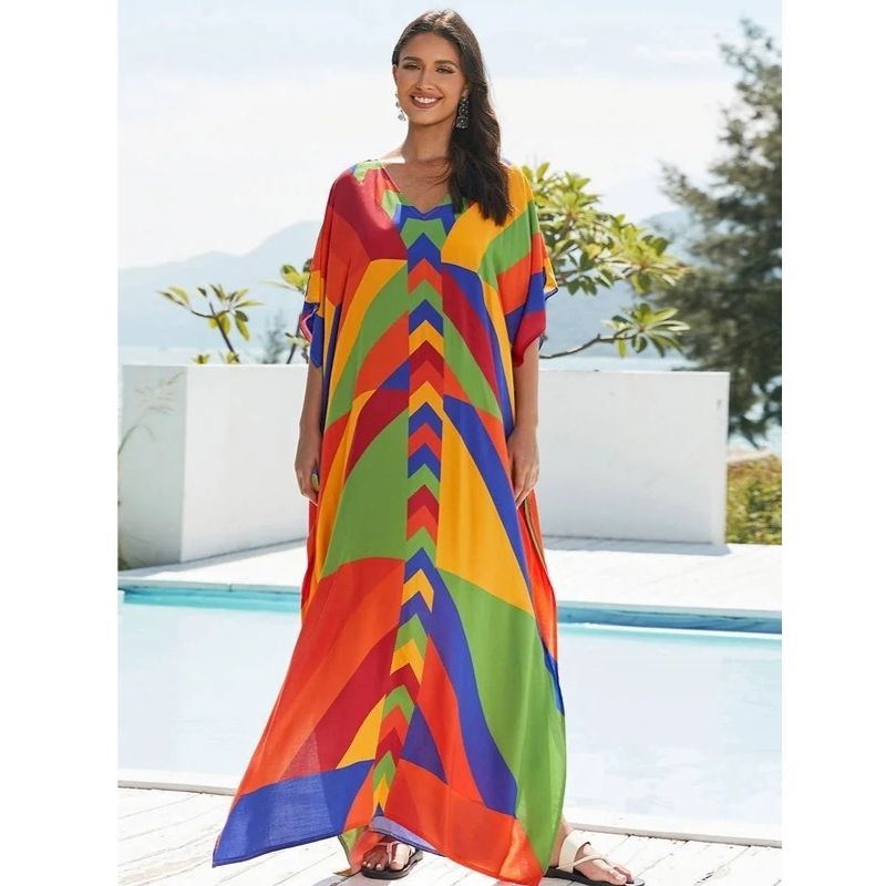 Moomoo Dresses for Women, Plus Size Loose Fit Moroccan Print V Neck Batwing Kaftan Beach Dress