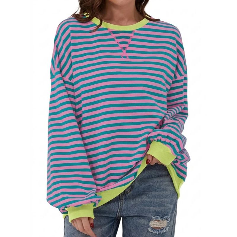 Womens Oversized Striped Crewneck Sweatshirt - Long Sleeve Pullover
