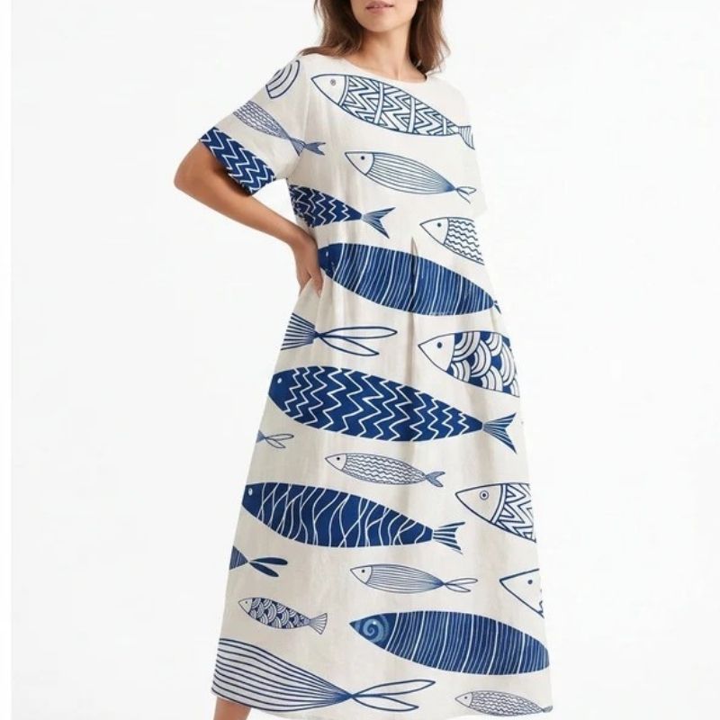 Womens Floral A Line Midi Dress, Short Sleeve Casual Summer Dress