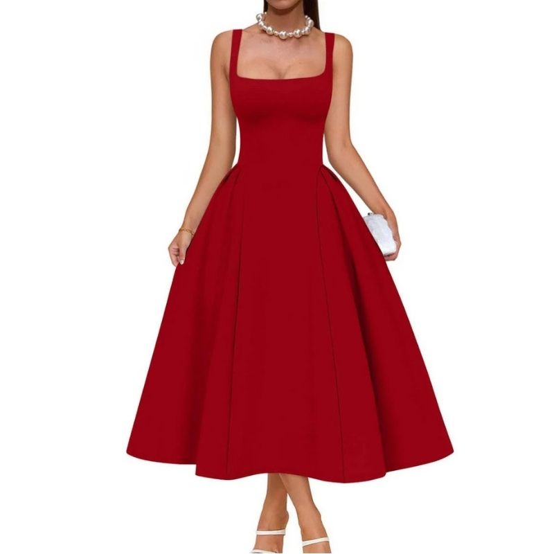 Womens Square Neck A Line Midi Dress, Elegant Wedding Guest and Evening Party Dress