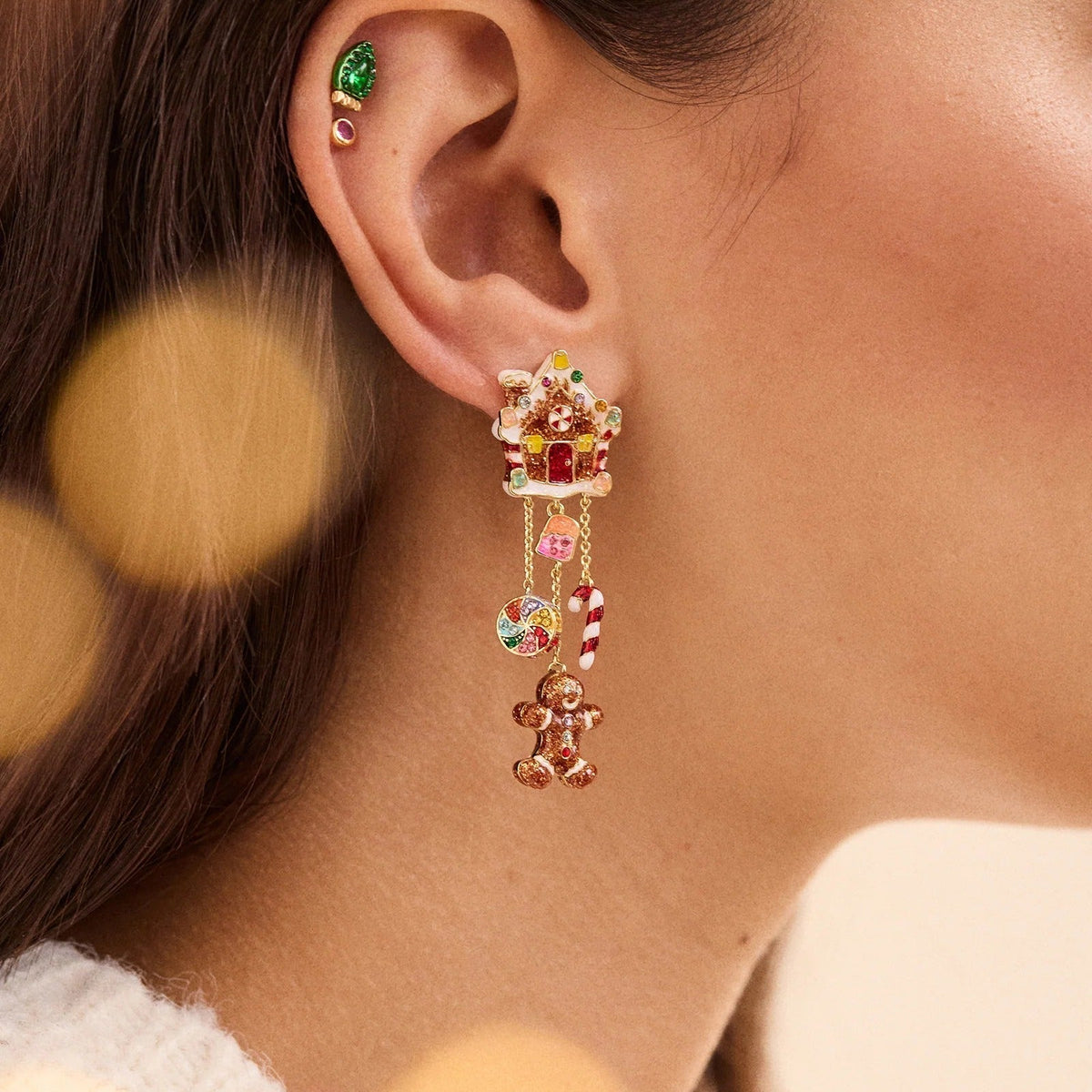 Gingerbread House Drop Earrings with Three-Part Hanging Design and Candy Accent
