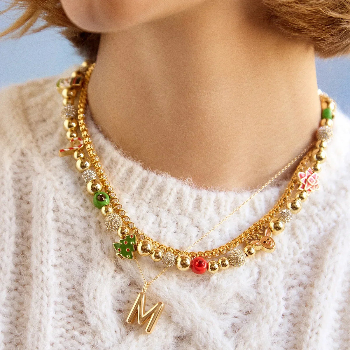 Beaded Necklace with Holiday Charms and Pullover Slip-On Design