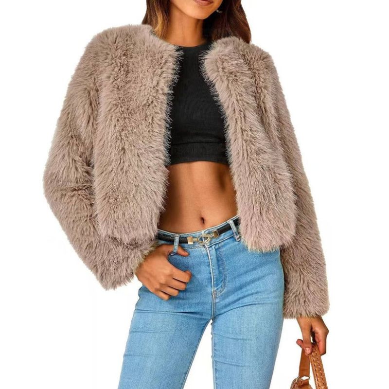 Womens Cropped Faux Fur Jacket, Fluffy Shaggy Long Sleeve Short Coat