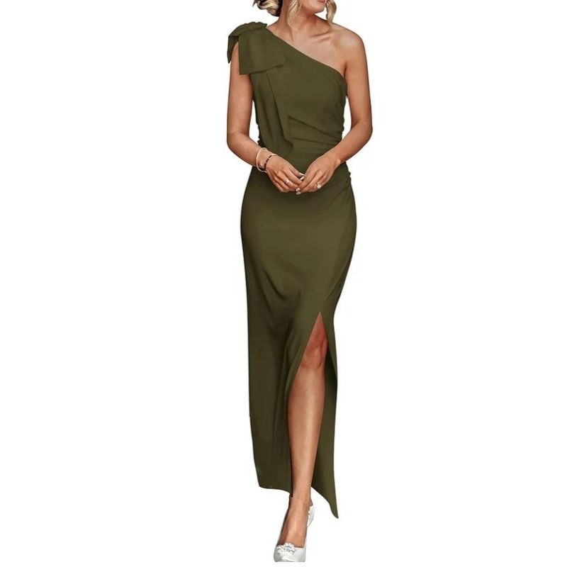 Womens One Shoulder Maxi Dress, Ruched Bodycon Wedding Guest and Formal Dress