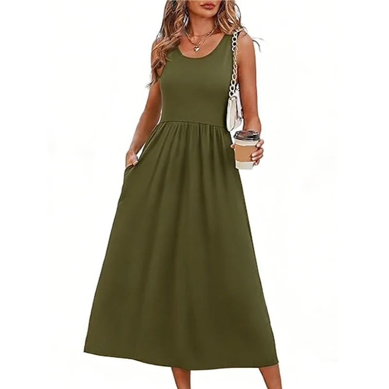 Womens Flowy Midi Dress, Casual Beach Vacation Sundress with Pockets