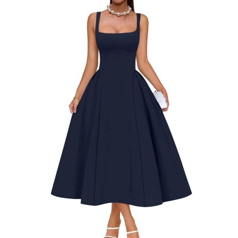 Womens Square Neck A Line Midi Dress, Elegant Wedding Guest and Evening Party Dress