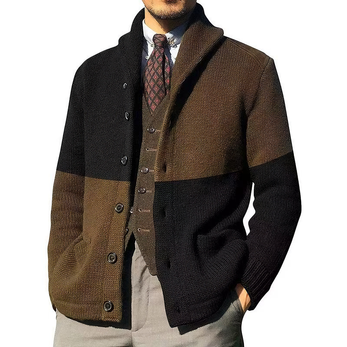 Contrast Knitted Jacket with Patchwork Color Blocking and Lapel Collar
