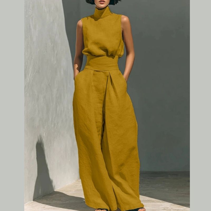 Womens Minimalist Linen Two Piece Set, Elegant Mock Neck Sleeveless Top and Wide Leg Pants Outfit, Vintage Casual Matching Suit