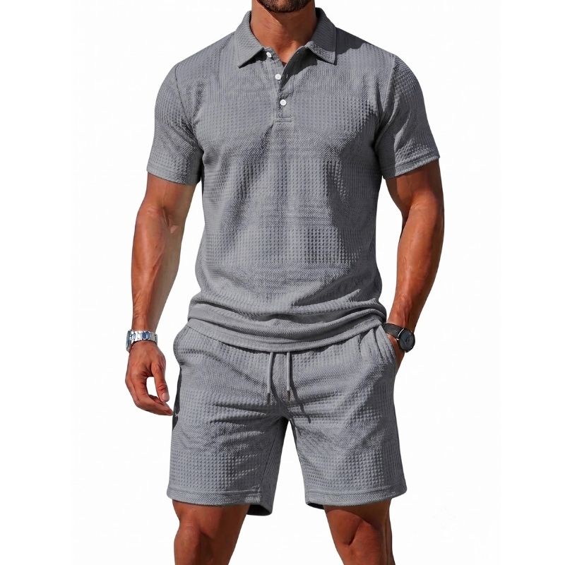 Mens Knitted Polo and Shorts Set, Vintage Casual Two Piece Outfits, Short Sleeve Textured Tracksuit